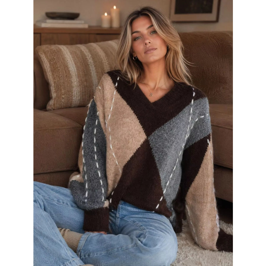 Argyle Pattern V-Neck Oversized Sweater Brown / One Size Apparel and Accessories