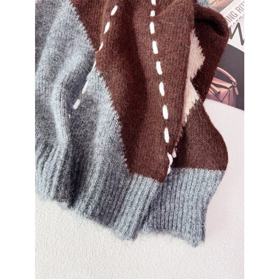 Argyle Pattern V-Neck Oversized Sweater Apparel and Accessories