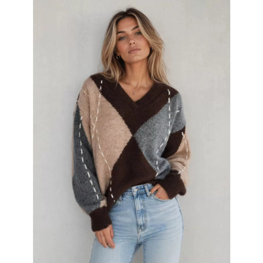 Argyle Pattern V-Neck Oversized Sweater Apparel and Accessories