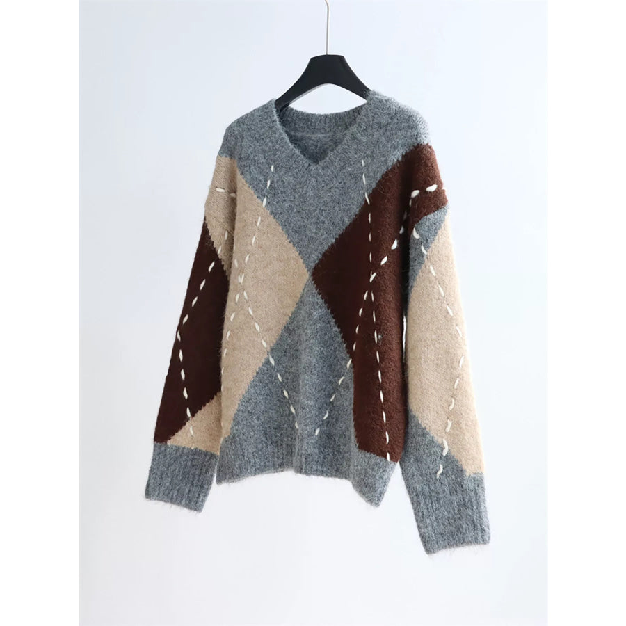 Argyle Pattern V-Neck Oversized Sweater Apparel and Accessories