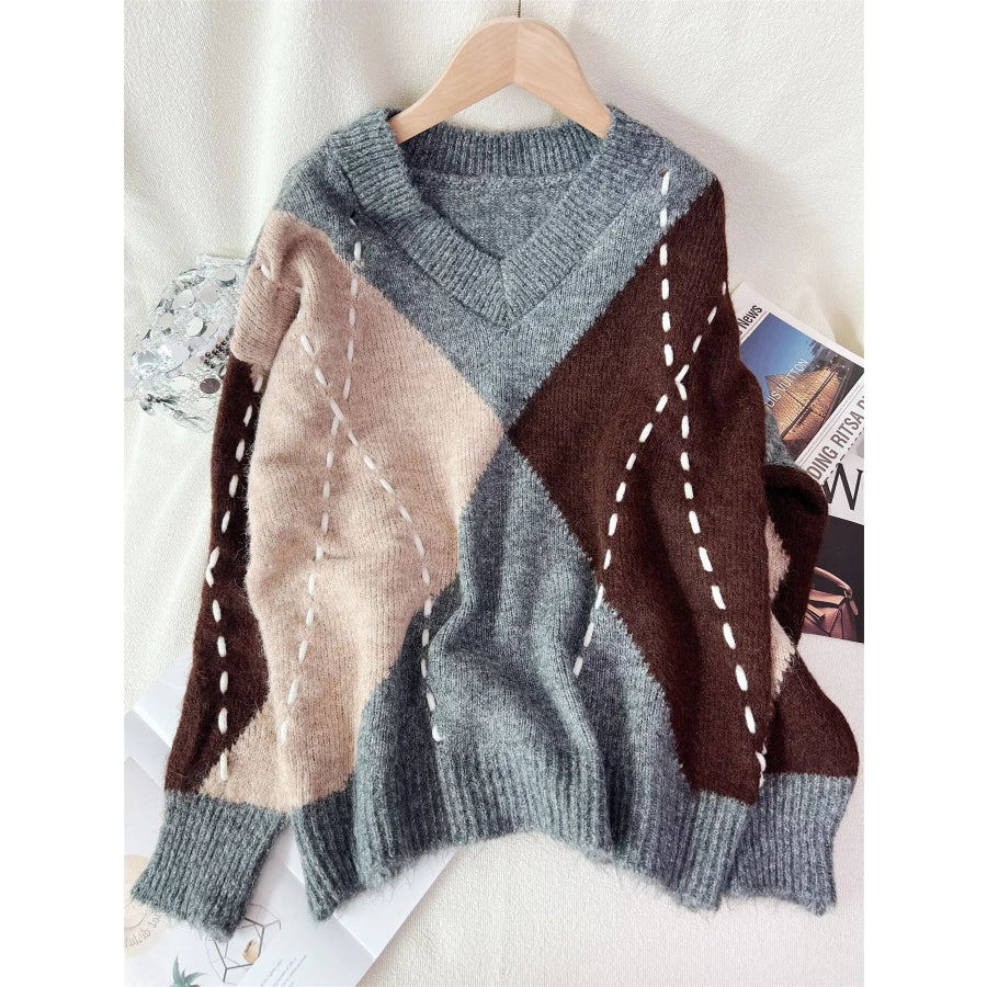 Argyle Pattern V-Neck Oversized Sweater Apparel and Accessories