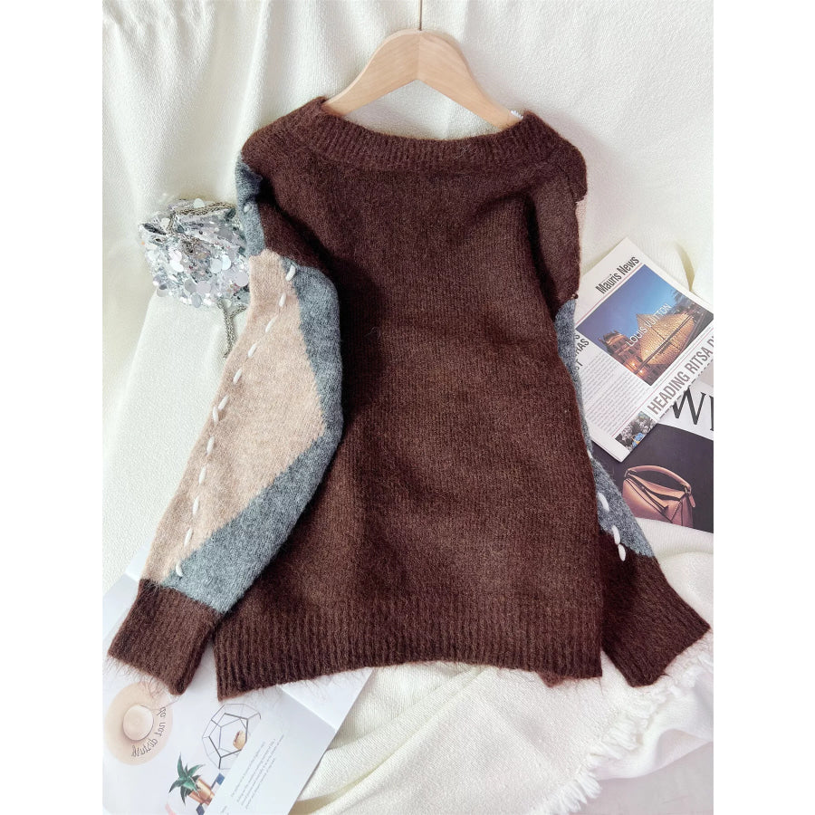 Argyle Pattern V-Neck Oversized Sweater Apparel and Accessories