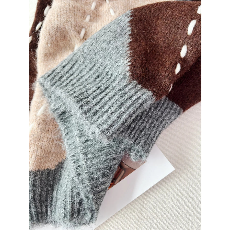 Argyle Pattern V-Neck Oversized Sweater Apparel and Accessories