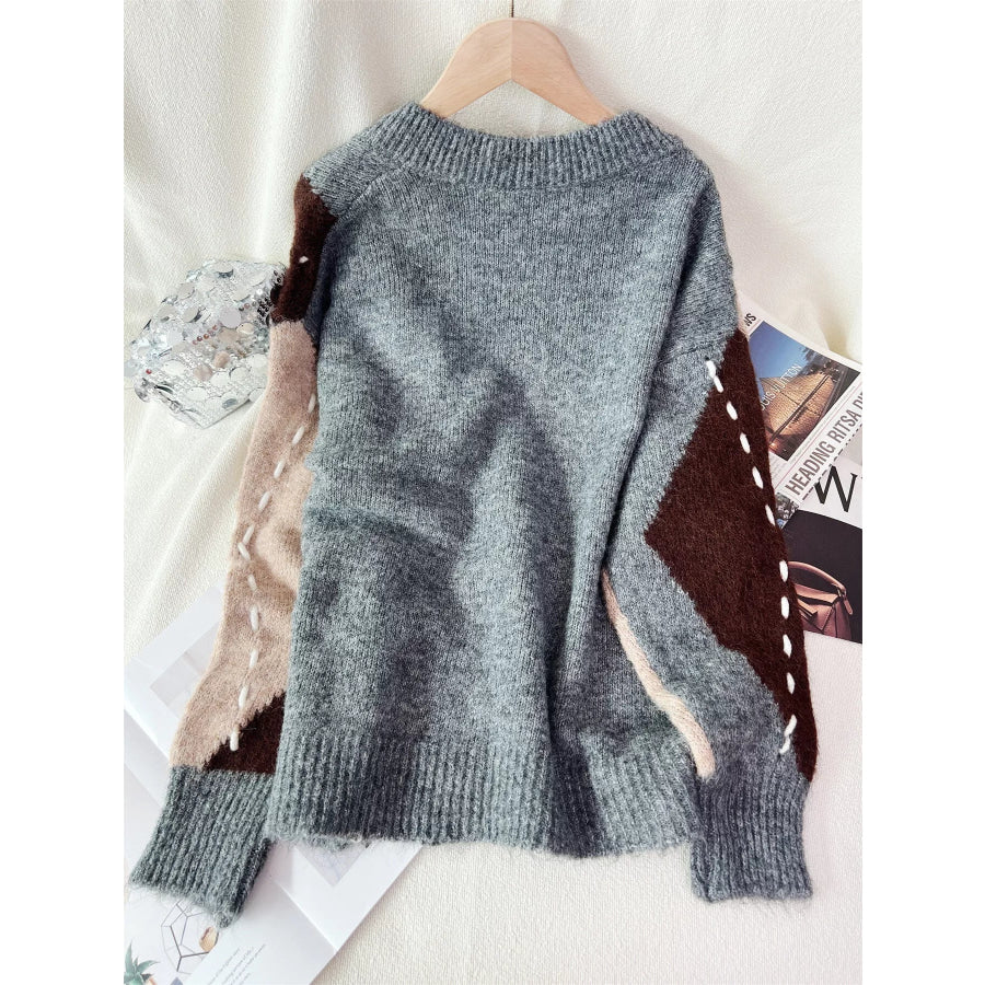 Argyle Pattern V-Neck Oversized Sweater Apparel and Accessories