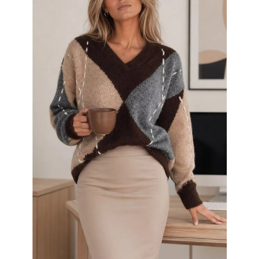 Argyle Pattern V-Neck Oversized Sweater Brown / One Size Apparel and Accessories