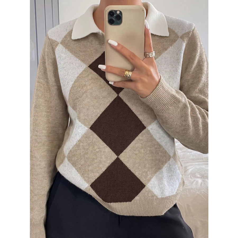 Argyle Patterned Polo Collar Sweater Apparel and Accessories