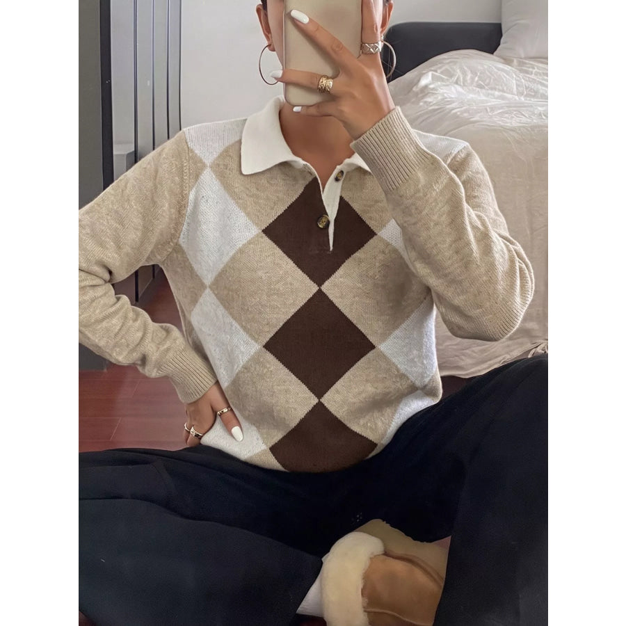 Argyle Patterned Polo Collar Sweater Apparel and Accessories