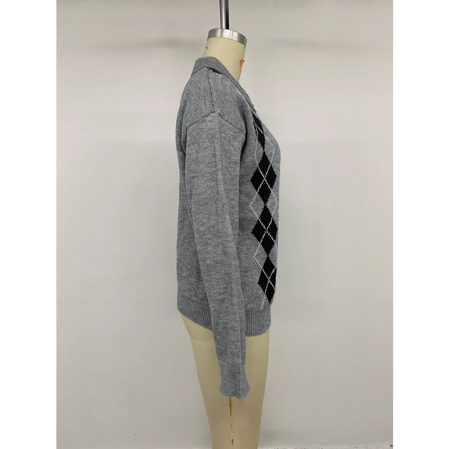 Argyle Patterned Polo Collar Sweater Apparel and Accessories