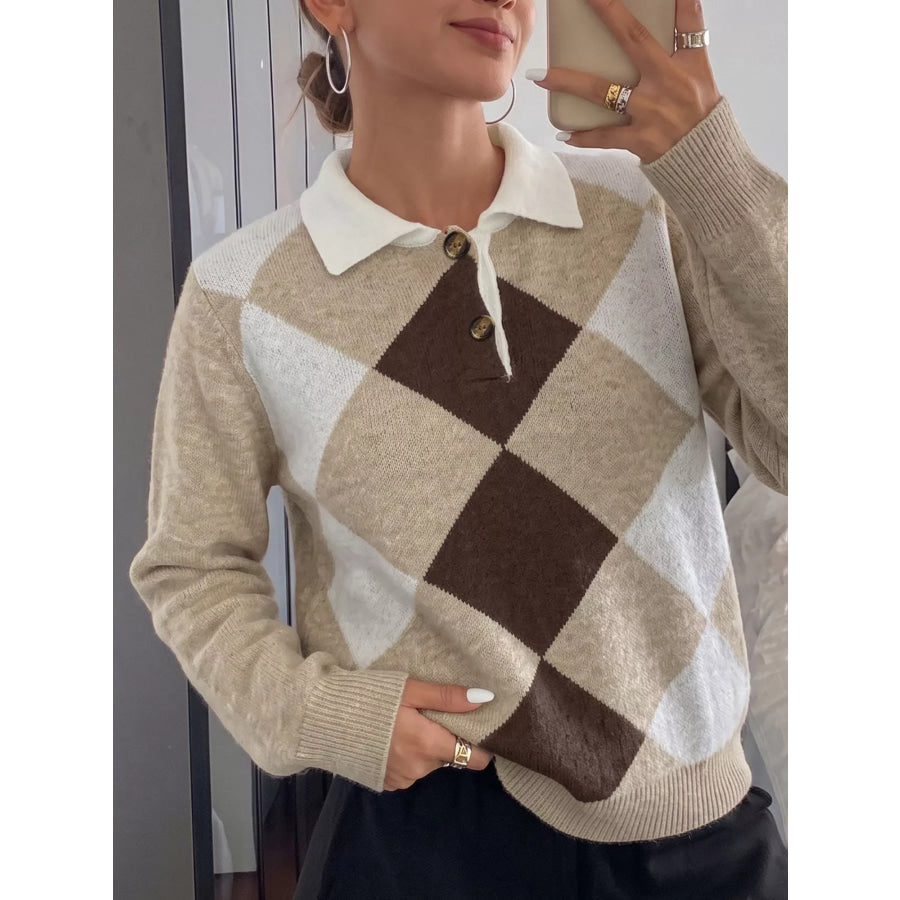 Argyle Patterned Polo Collar Sweater Khaki / S Apparel and Accessories