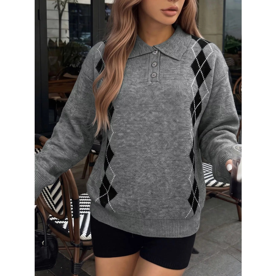 Argyle Patterned Polo Collar Sweater Apparel and Accessories