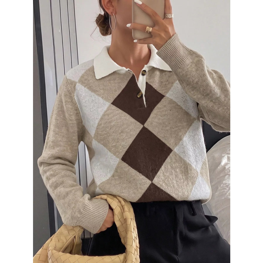 Argyle Patterned Polo Collar Sweater Apparel and Accessories