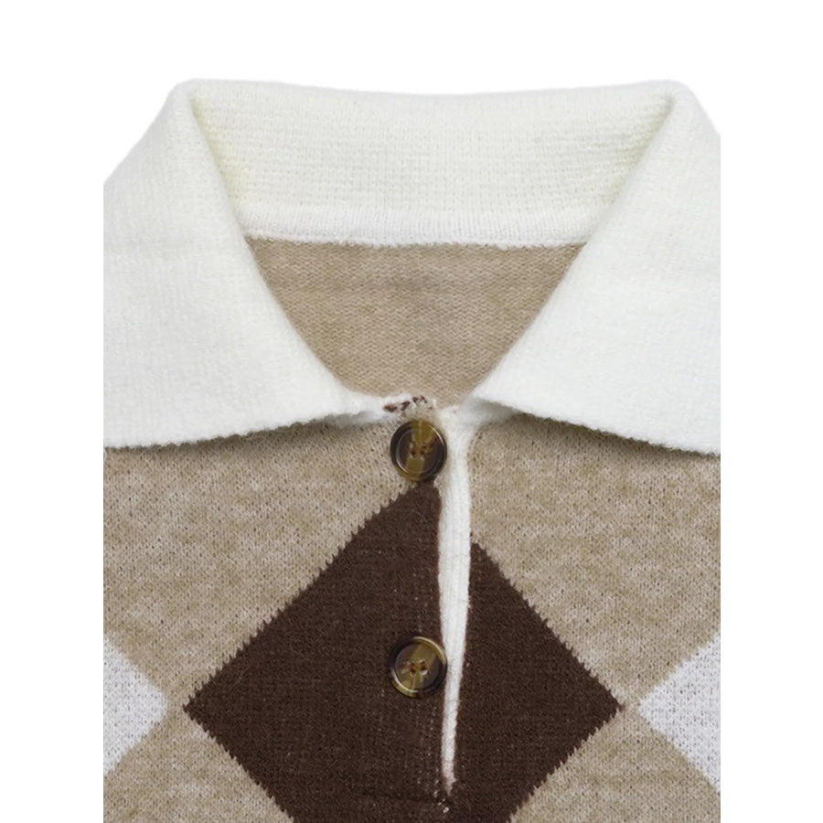 Argyle Patterned Polo Collar Sweater Apparel and Accessories