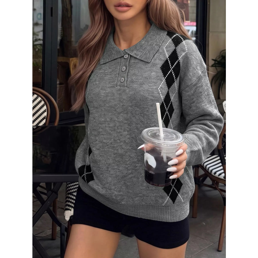 Argyle Patterned Polo Collar Sweater Apparel and Accessories