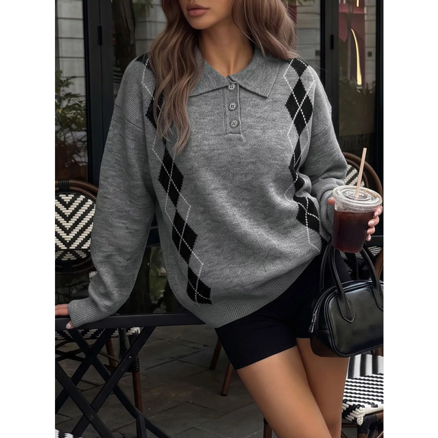 Argyle Patterned Polo Collar Sweater Apparel and Accessories