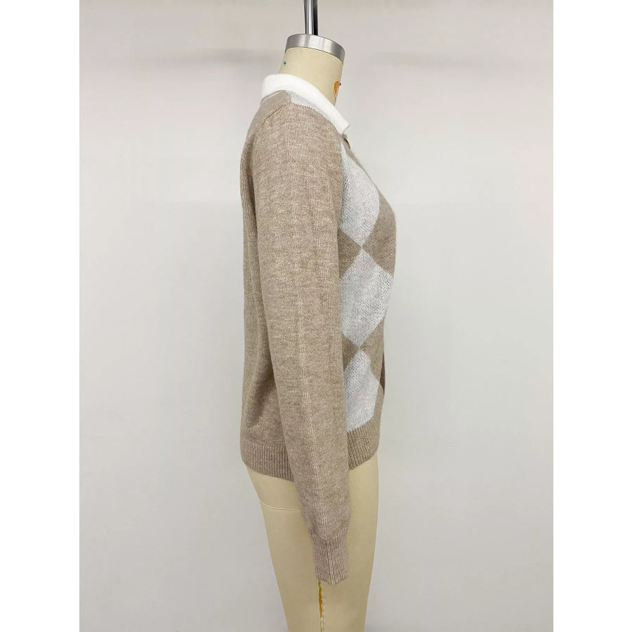 Argyle Patterned Polo Collar Sweater Apparel and Accessories