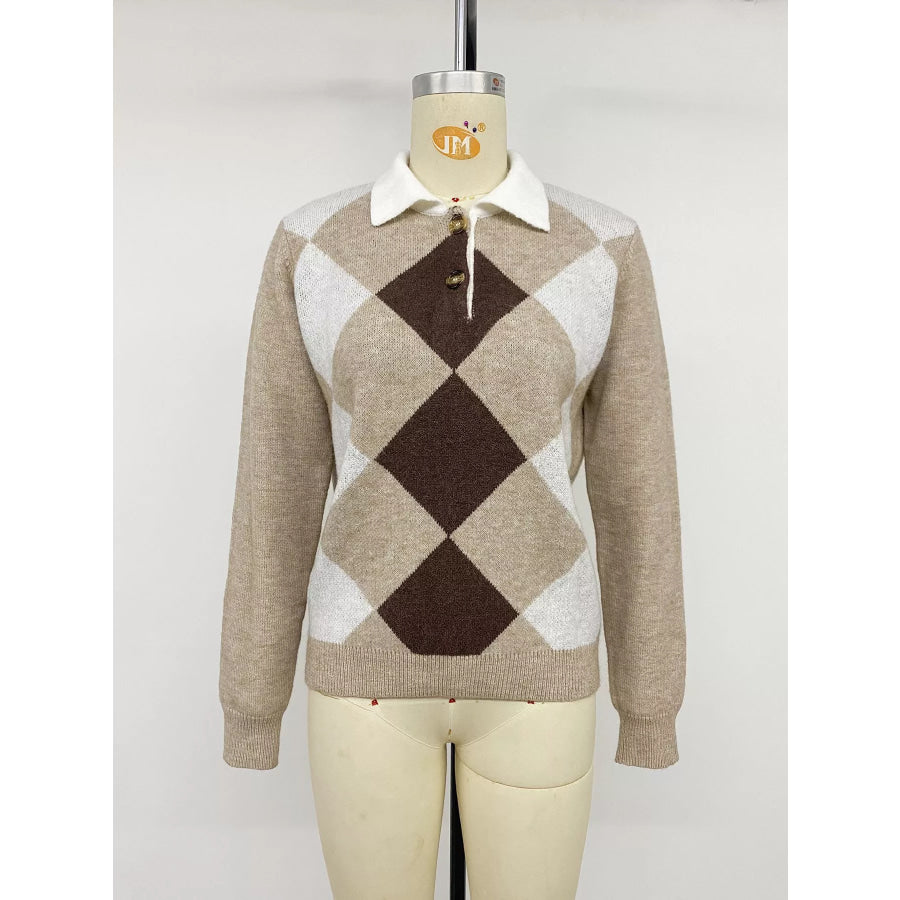 Argyle Patterned Polo Collar Sweater Apparel and Accessories
