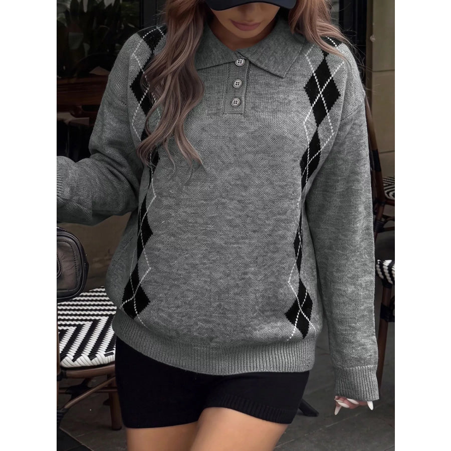 Argyle Patterned Polo Collar Sweater Apparel and Accessories