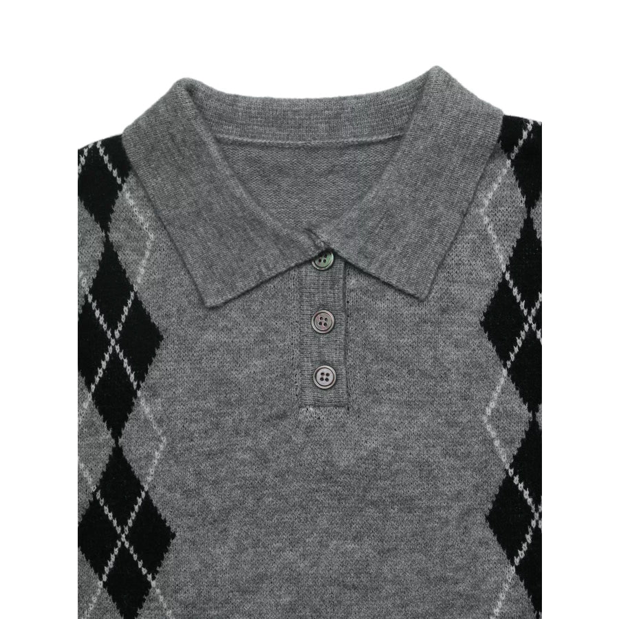 Argyle Patterned Polo Collar Sweater Apparel and Accessories