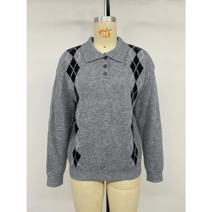 Argyle Patterned Polo Collar Sweater Apparel and Accessories