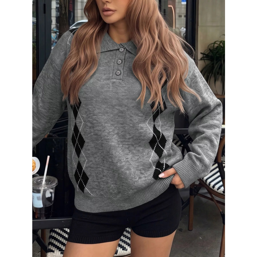 Argyle Patterned Polo Collar Sweater Dark Gray / S Apparel and Accessories