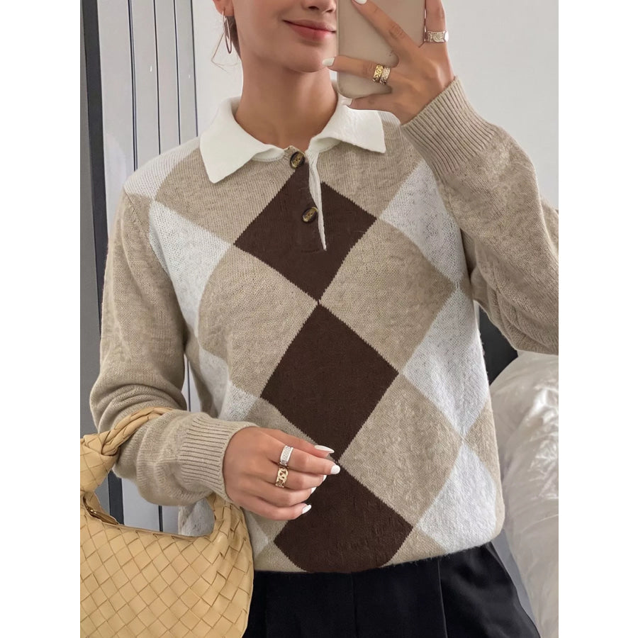 Argyle Patterned Polo Collar Sweater Khaki / S Apparel and Accessories