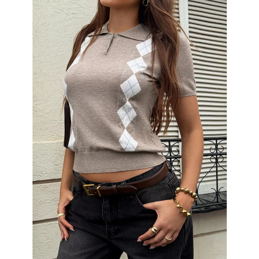 Argyle Patterned Short Sleeve Sweater Apparel and Accessories