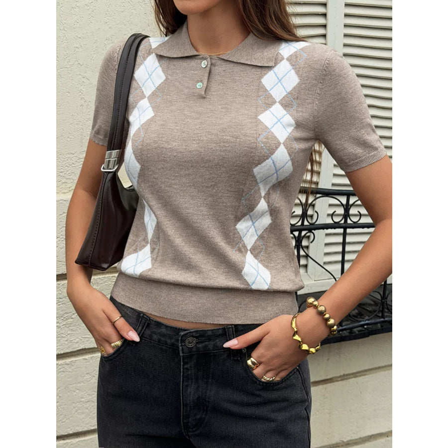 Argyle Patterned Short Sleeve Sweater Apparel and Accessories