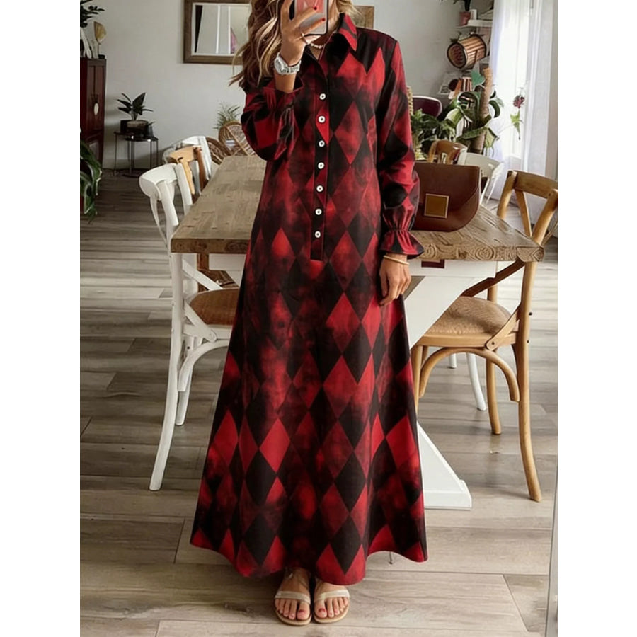 Argyle Print Button-Down Maxi Dress Apparel and Accessories