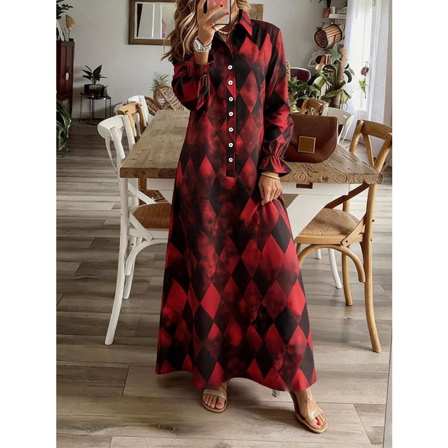 Argyle Print Button-Down Maxi Dress Apparel and Accessories