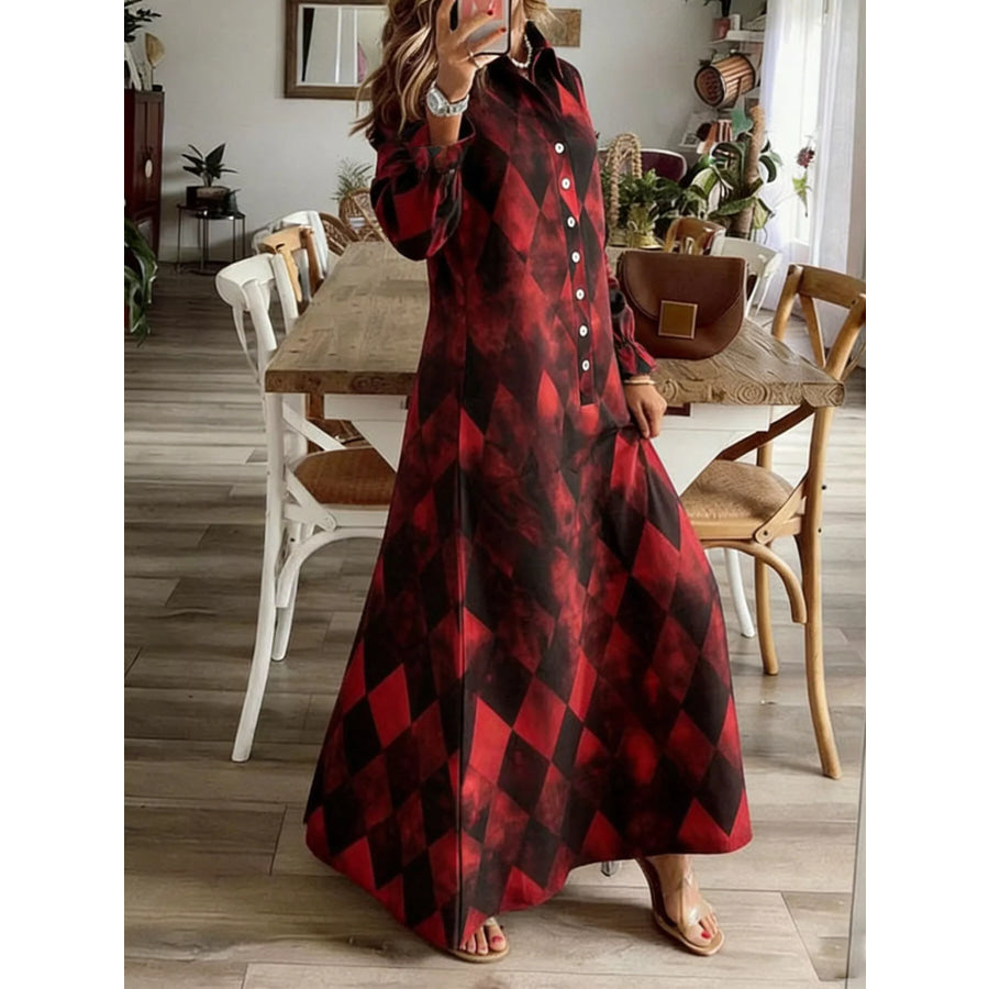 Argyle Print Button-Down Maxi Dress Burgundy / S Apparel and Accessories
