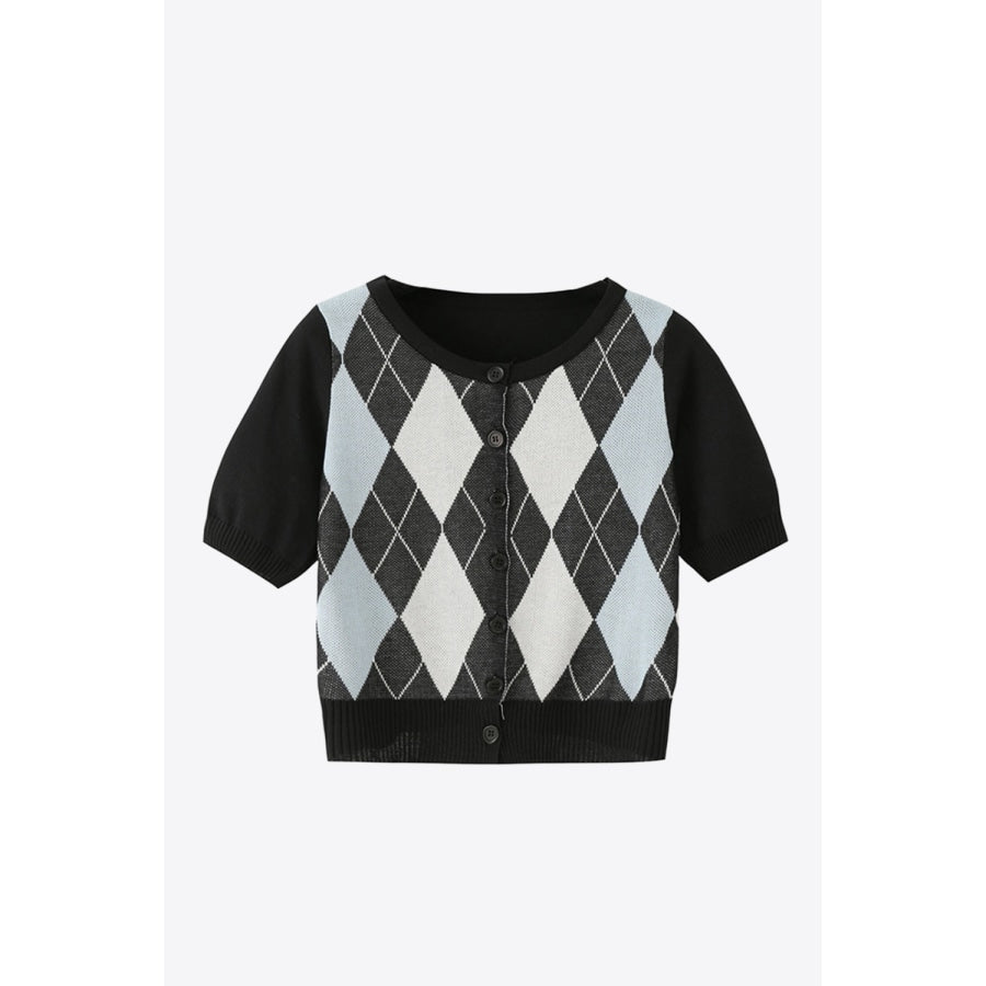 Argyle Round Neck Ribbed Trim Cardigan Black / One Size