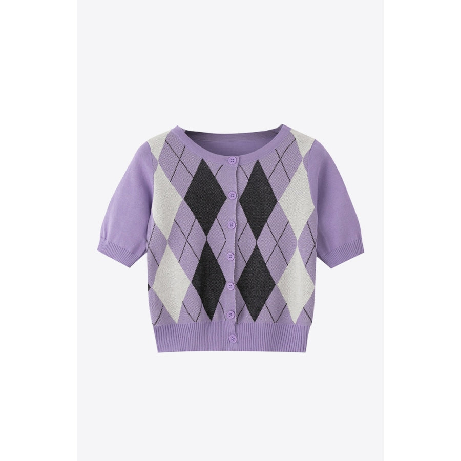 Argyle Round Neck Ribbed Trim Cardigan Lavender / One Size