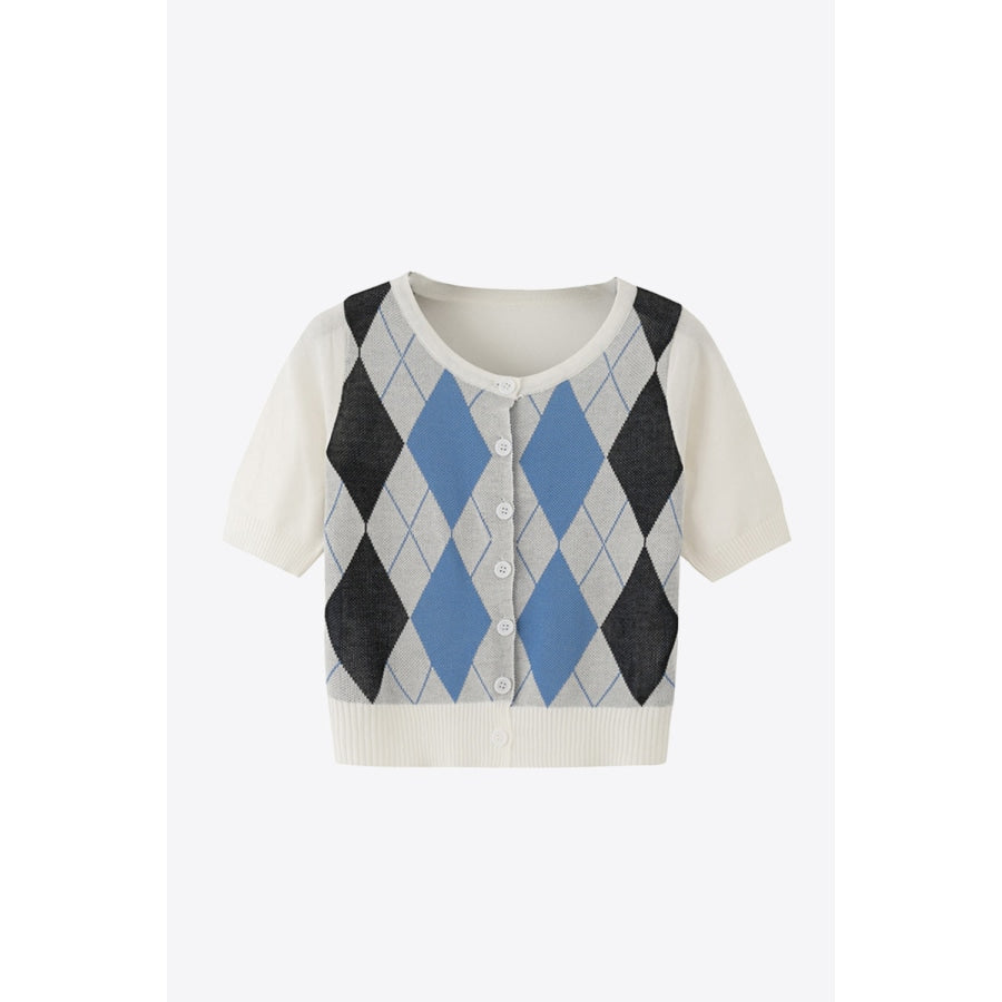 Argyle Round Neck Ribbed Trim Cardigan White / One Size