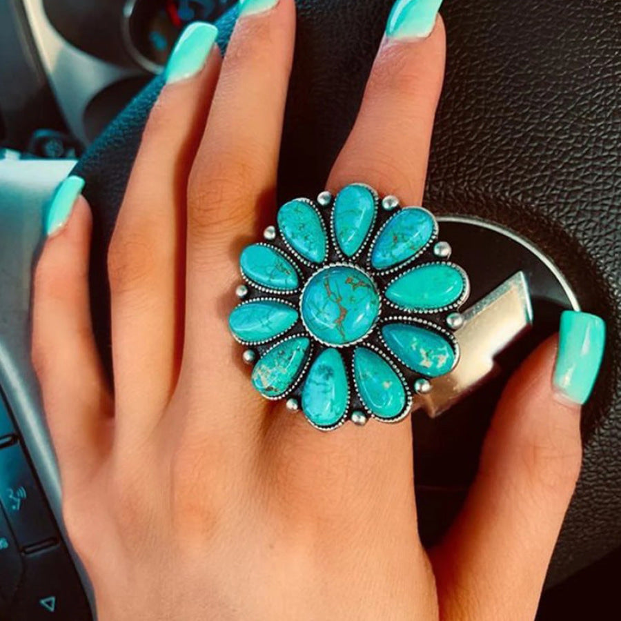 Artificial Turquoise Alloy Flower Ring Turquoise / One Size Apparel and Accessories