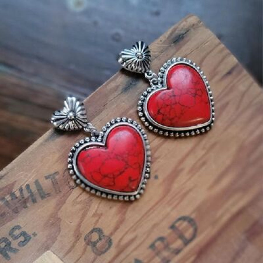 Artificial Turquoise Alloy Heart Dangle Earrings Deep Red / One Size Apparel and Accessories