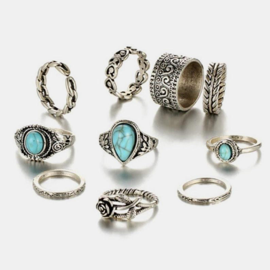 Artificial Turquoise Alloy Ring 10-Piece Set Silver / One Size Apparel and Accessories