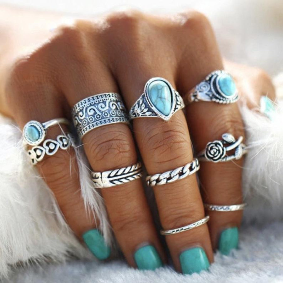 Artificial Turquoise Alloy Ring 10-Piece Set Silver / One Size Apparel and Accessories