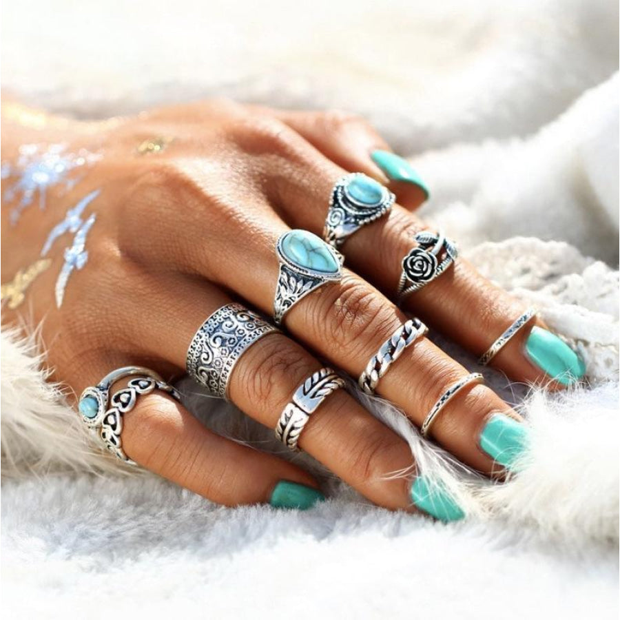 Artificial Turquoise Alloy Ring 10-Piece Set Silver / One Size Apparel and Accessories