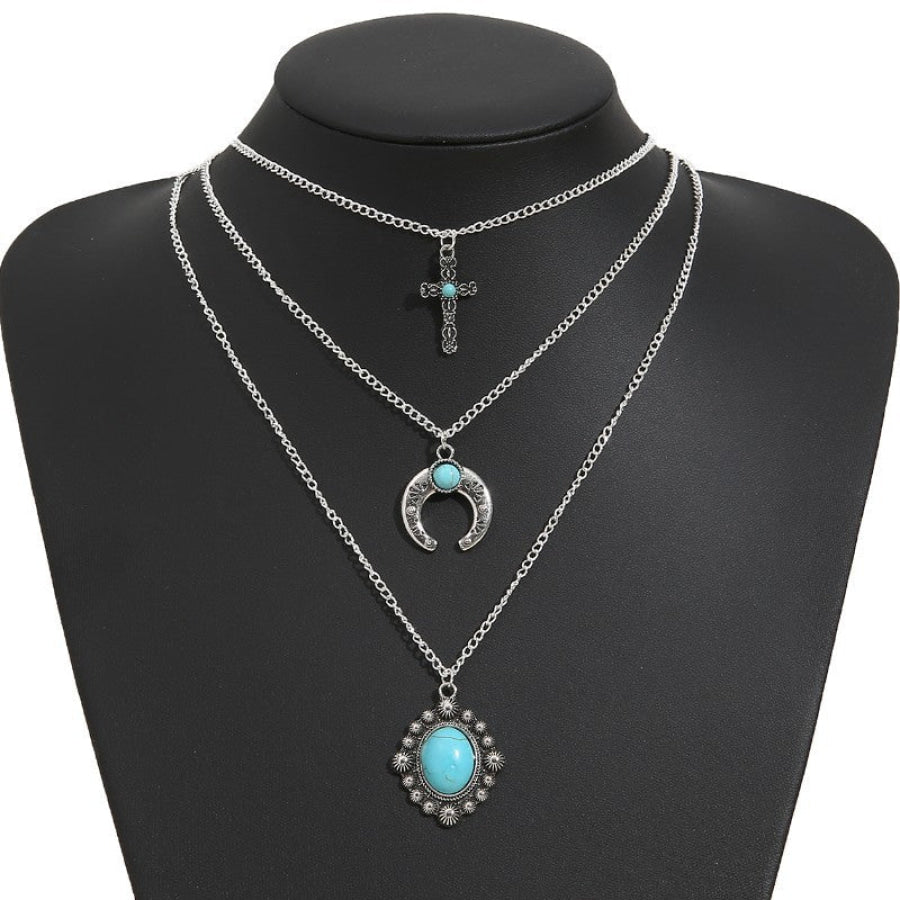 Artificial Turquoise Alloy Three-Layered Necklace Silver / One Size Apparel and Accessories