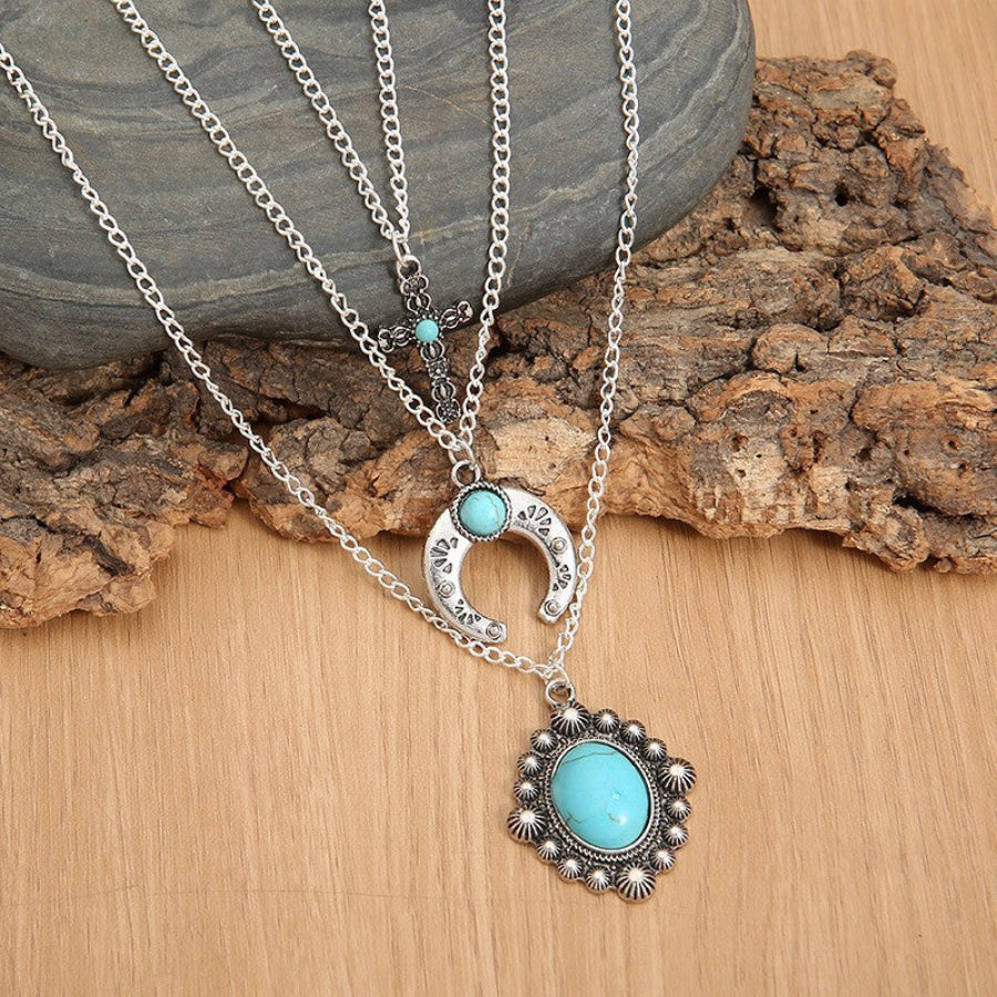 Artificial Turquoise Alloy Three-Layered Necklace Silver / One Size Apparel and Accessories