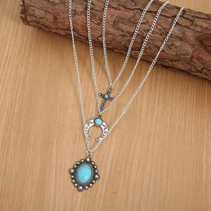 Artificial Turquoise Alloy Three-Layered Necklace Silver / One Size Apparel and Accessories