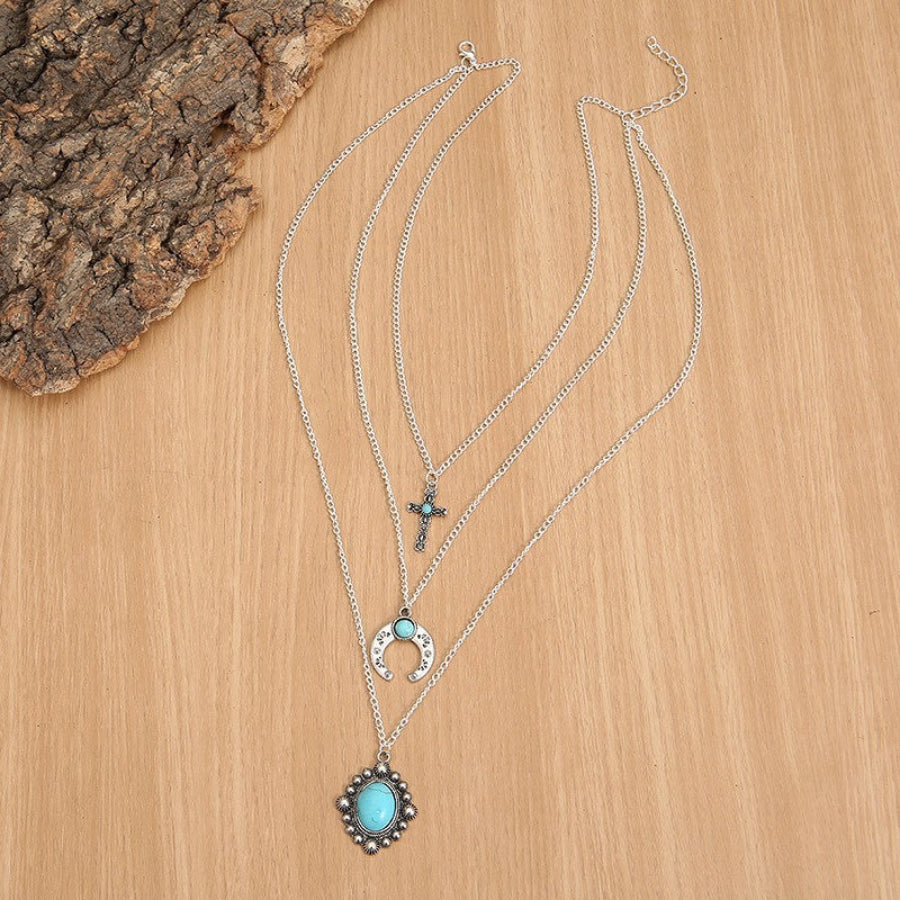 Artificial Turquoise Alloy Three-Layered Necklace Silver / One Size Apparel and Accessories