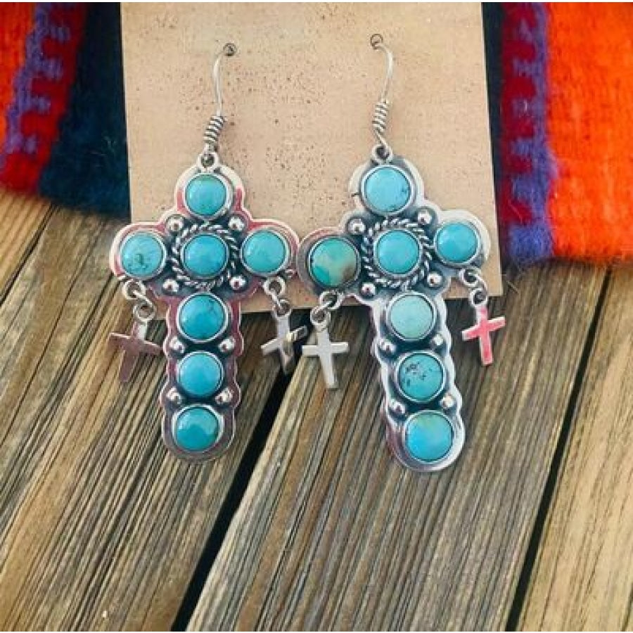 Artificial Turquoise Cross Shape Earrings Teal / One Size Apparel and Accessories