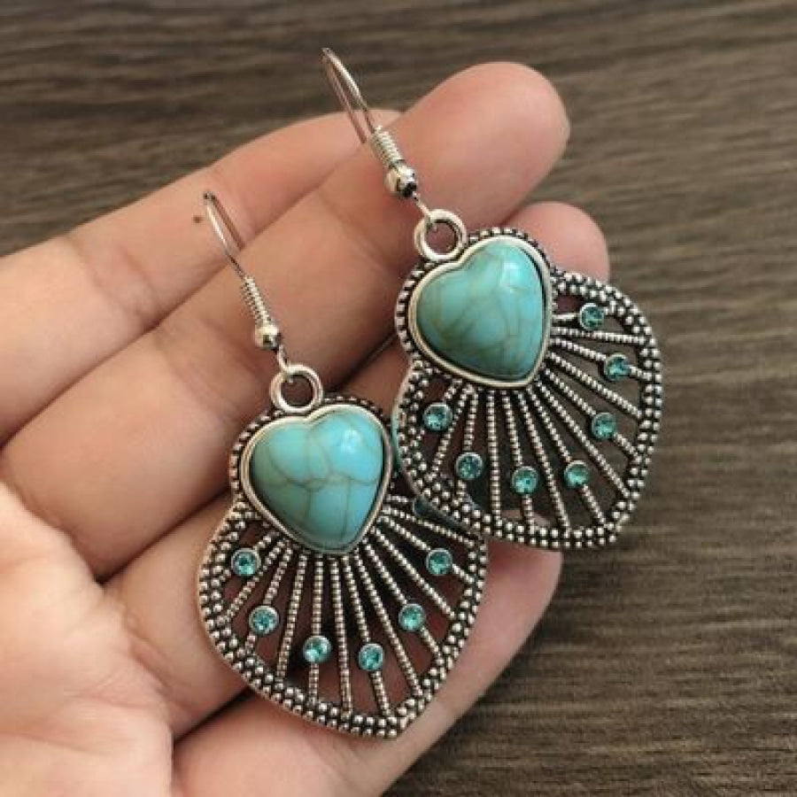 Artificial Turquoise Rhinestone Heart and Leaf Shape Earrings / One Size Apparel Accessories