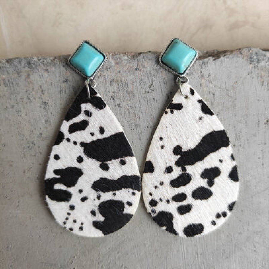 Artificial Turquoise Teardrop Earrings Cow Print / One Size Apparel and Accessories