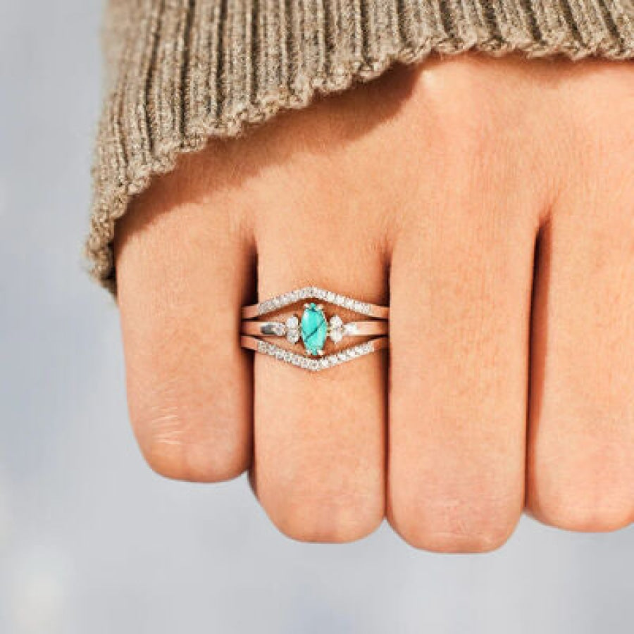 Artificial Turquoise V Shape Inlaid Zircon Ring Apparel and Accessories