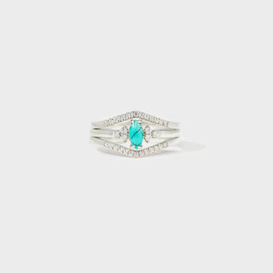 Artificial Turquoise V Shape Inlaid Zircon Ring Silver / 5 Apparel and Accessories