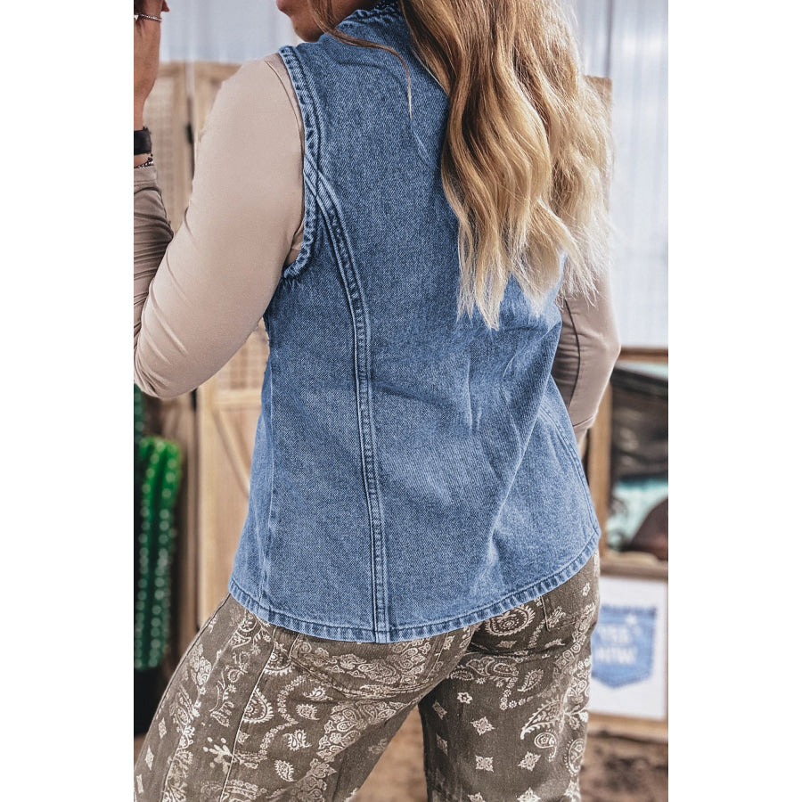 Ashleigh Blue Buttoned Front Slit Denim Vest Ashleigh Blue / S / 65% Cotton + 33% Polyester + 2% Elastane Outerwear/Vests