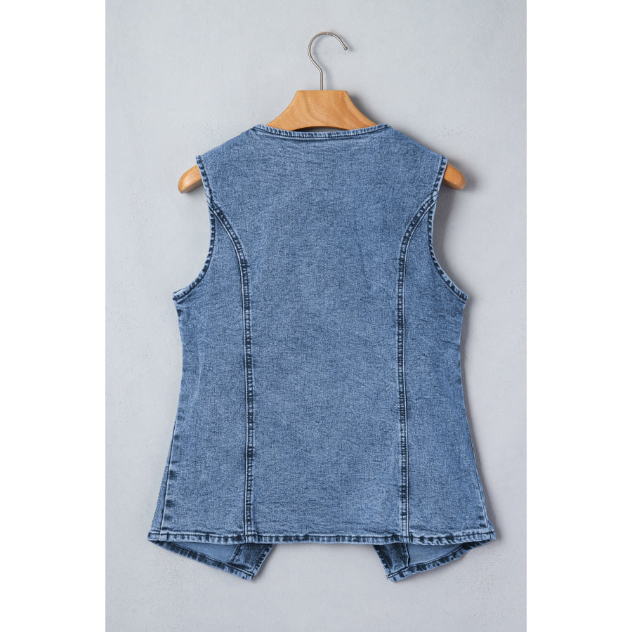 Ashleigh Blue Buttoned Front Slit Denim Vest Outerwear/Vests