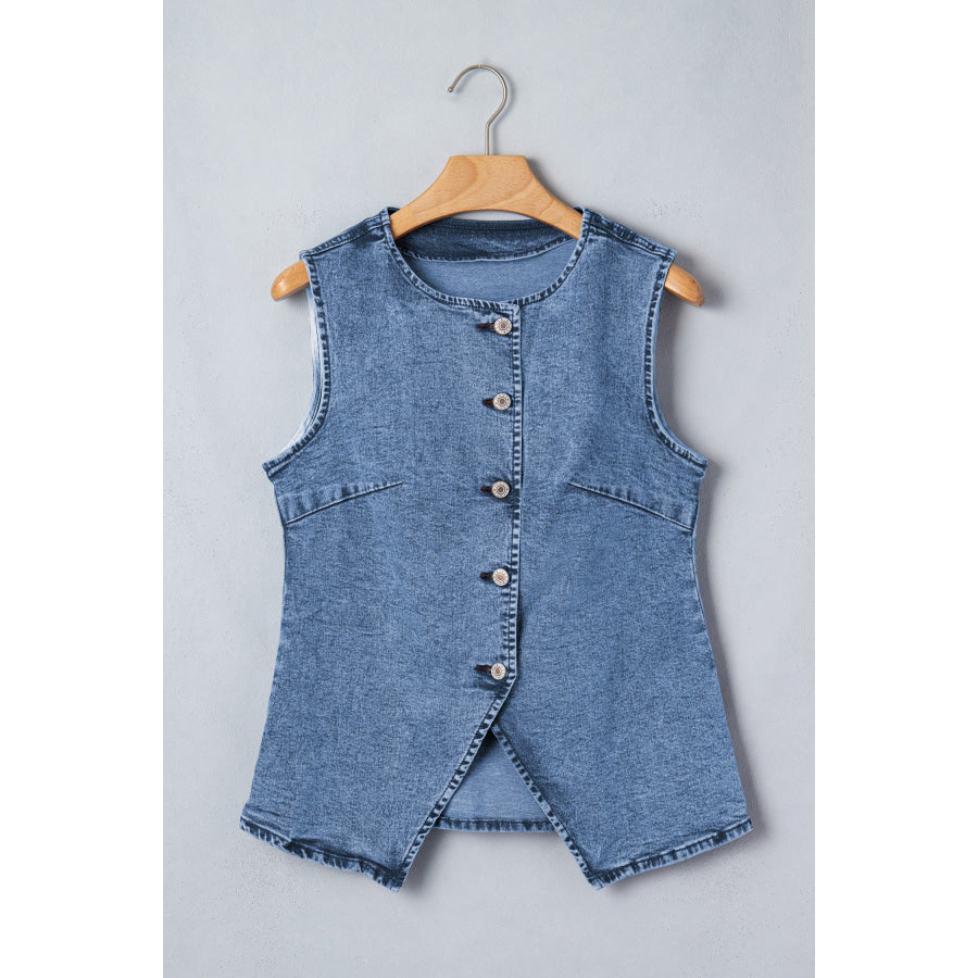Ashleigh Blue Buttoned Front Slit Denim Vest Outerwear/Vests
